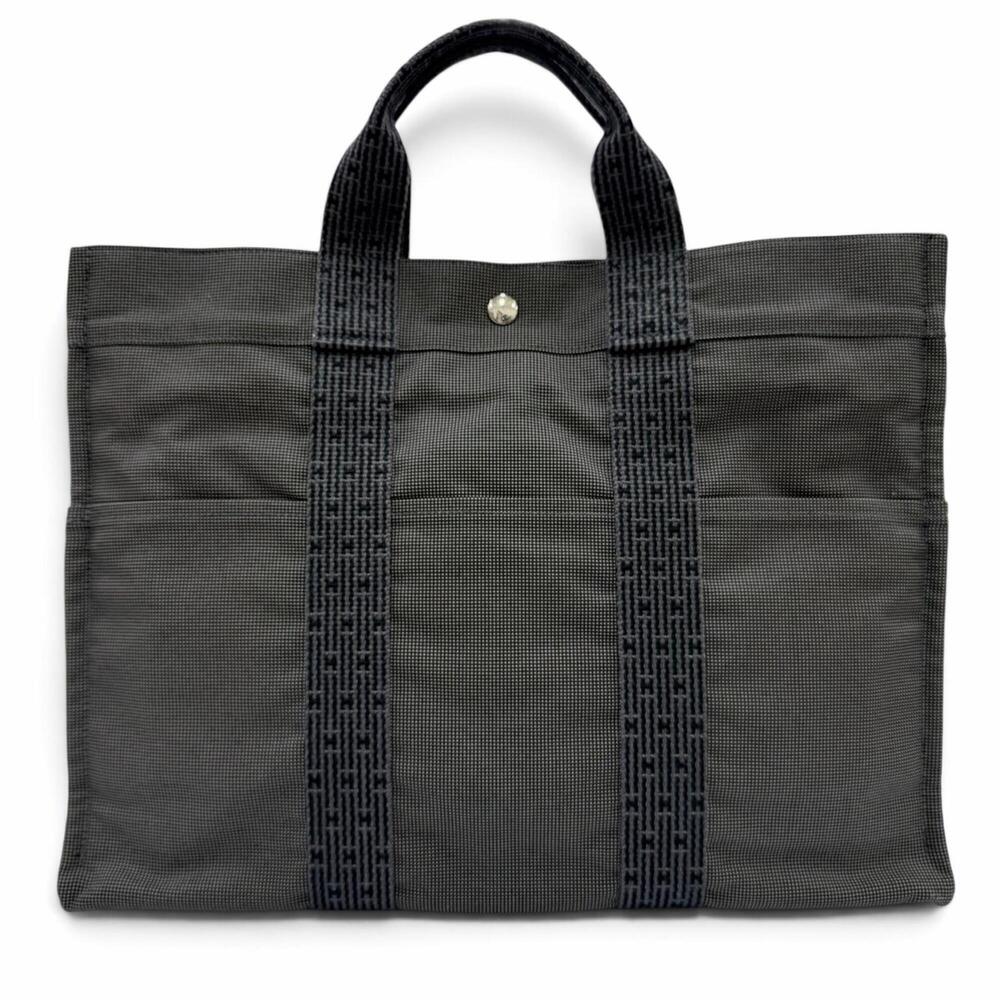 HERMES Herline MM canvas tote bag/handbag in gray, made France, with silver h...